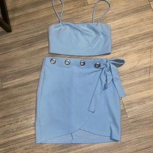 blue matching mini skirt and crop top set